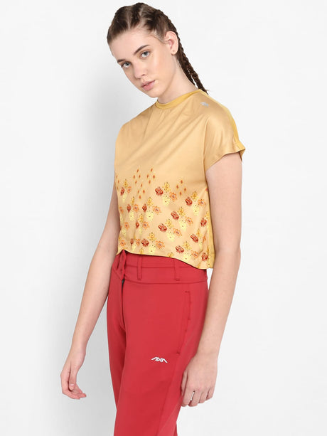 Alcis Women Beige Orange Printed Round Neck T-shirt | Alcis