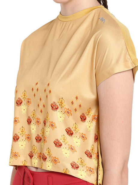 Alcis Women Beige Orange Printed Round Neck T-shirt | Alcis