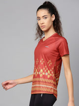 Alcis Women Rust Red Yellow Printed V-Neck T-shirt