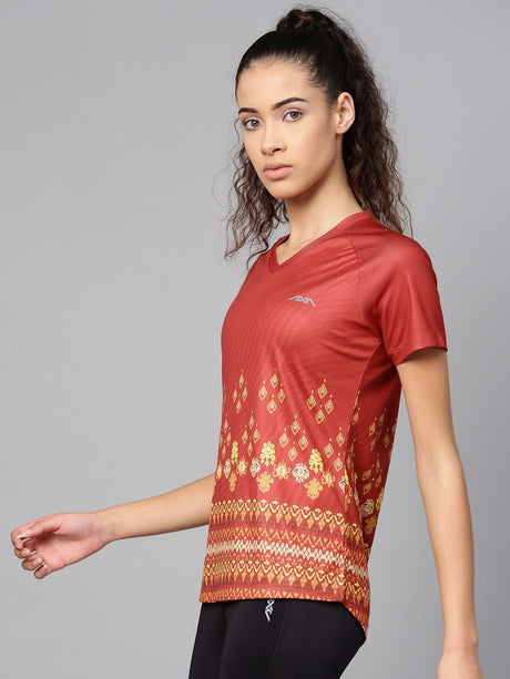 Alcis Women Rust Red Yellow Printed V-Neck T-shirt | Alcis