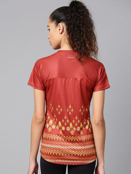 Alcis Women Rust Red Yellow Printed V-Neck T-shirt | Alcis