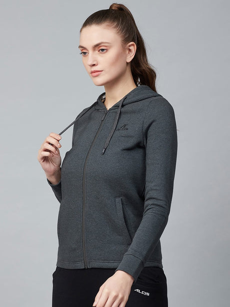 Alcis Women Charcoal Grey Solid Hooded Front-Open Sweatshirt | Alcis