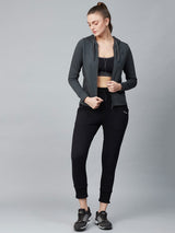 Alcis Women Charcoal Grey Solid Hooded Front-Open Sweatshirt