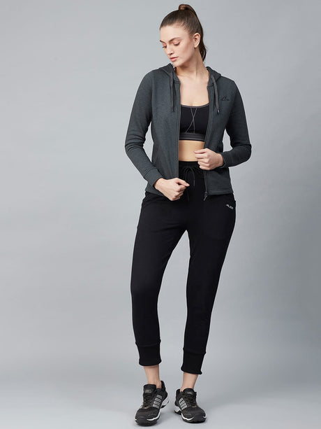 Alcis Women Charcoal Grey Solid Hooded Front-Open Sweatshirt | Alcis