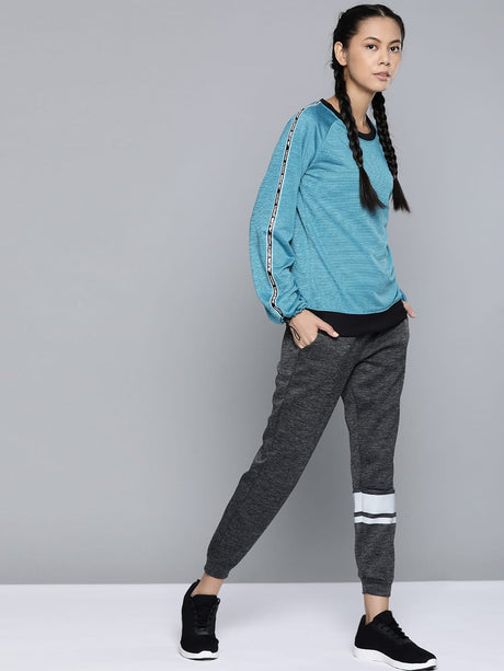 Alcis Women Teal Blue Black Self-Design Sweatshirt | Alcis