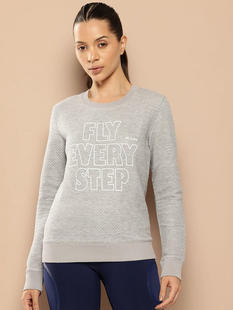 Alcis Women Grey Melange Typography Printed Textured Applique Sweatshirt | Alcis