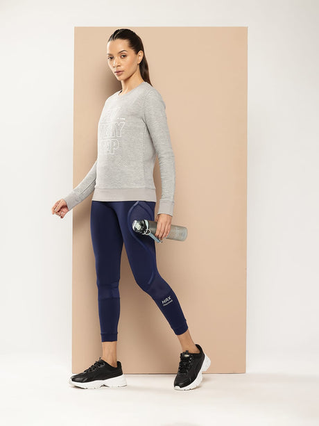 Alcis Women Grey Melange Typography Printed Textured Applique Sweatshirt | Alcis