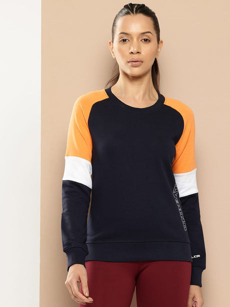 Alcis Women Navy Blue Orange Colourblocked Cotton Sweatshirt with Side Applique Prints | Alcis
