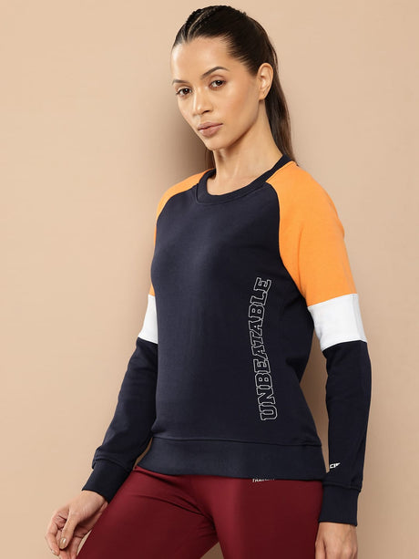 Alcis Women Navy Blue Orange Colourblocked Cotton Sweatshirt with Side Applique Prints | Alcis