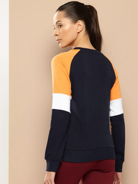 Alcis Women Navy Blue Orange Colourblocked Cotton Sweatshirt with Side Applique Prints | Alcis
