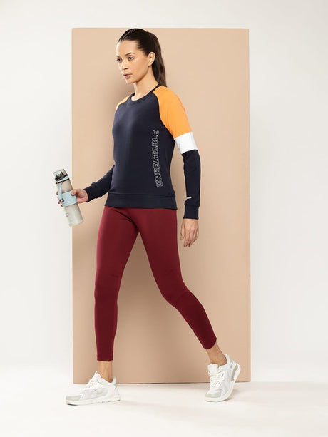 Alcis Women Navy Blue Orange Colourblocked Cotton Sweatshirt with Side Applique Prints | Alcis