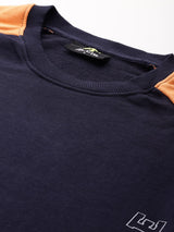 Alcis Women Navy Blue Orange Colourblocked Cotton Sweatshirt with Side Applique Prints