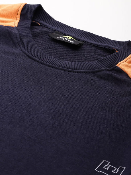 Alcis Women Navy Blue Orange Colourblocked Cotton Sweatshirt with Side Applique Prints | Alcis