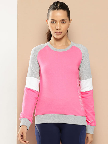 Alcis Women Pink Grey Melange Colourblocked Cotton Sweatshirt with Side Applique Prints | Alcis