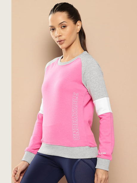 Alcis Women Pink Grey Melange Colourblocked Cotton Sweatshirt with Side Applique Prints | Alcis