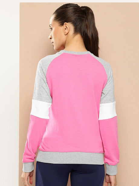 Alcis Women Pink Grey Melange Colourblocked Cotton Sweatshirt with Side Applique Prints | Alcis