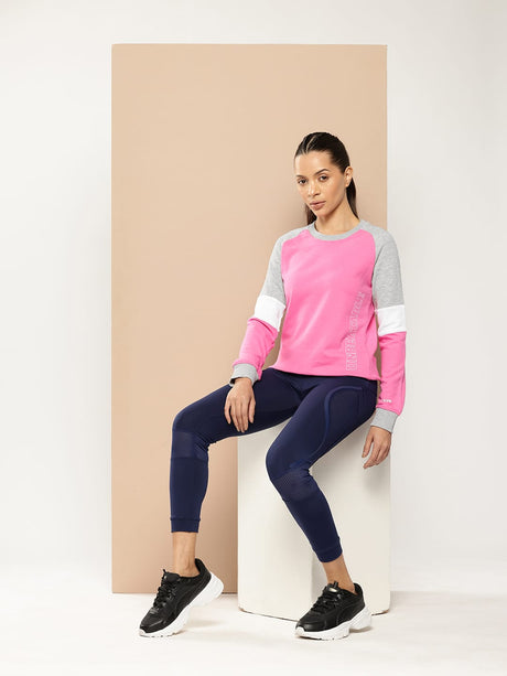Alcis Women Pink Grey Melange Colourblocked Cotton Sweatshirt with Side Applique Prints | Alcis