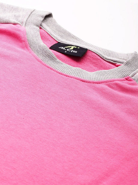 Alcis Women Pink Grey Melange Colourblocked Cotton Sweatshirt with Side Applique Prints | Alcis