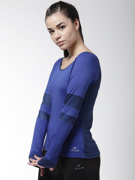 Alcis Women Blue Black Printed Boat Neck Running T-shirt | Alcis