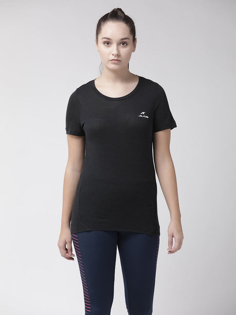 Alcis Women Black Solid Round Neck T-shirt | Alcis