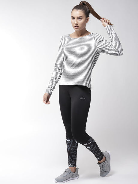 Alcis Women White Navy Blue Slim Fit Striped Round Neck Yoga T-shirt | Alcis