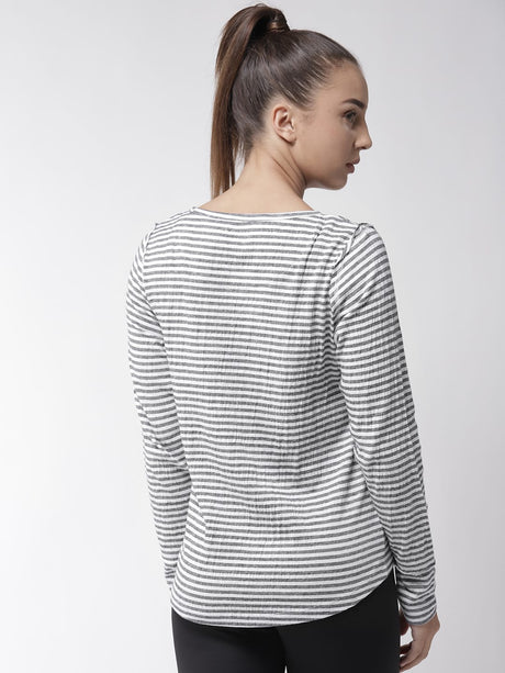 Alcis Women White Navy Blue Slim Fit Striped Round Neck Yoga T-shirt | Alcis