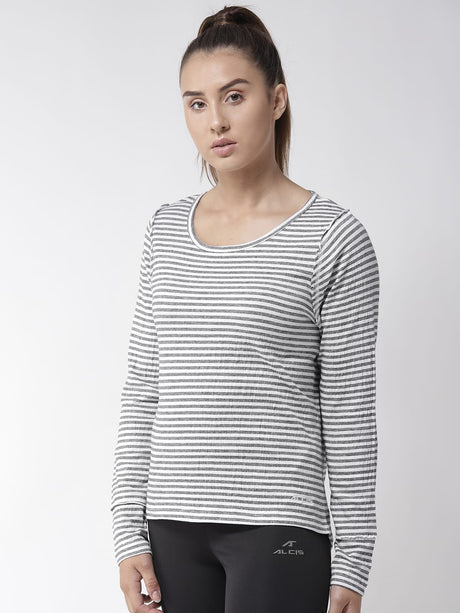 Alcis Women White Navy Blue Slim Fit Striped Round Neck Yoga T-shirt | Alcis