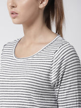 Alcis Women White Navy Blue Slim Fit Striped Round Neck Yoga T-shirt