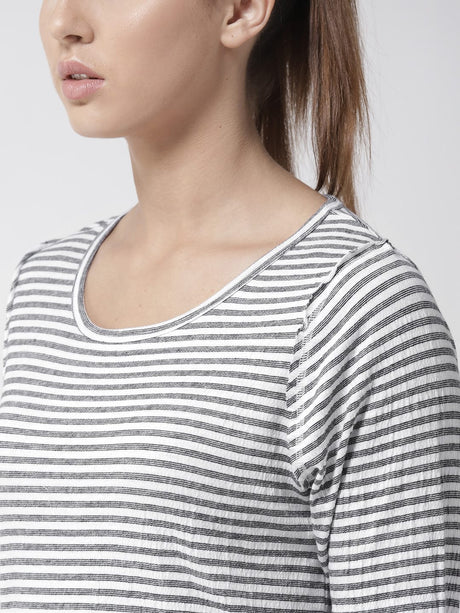 Alcis Women White Navy Blue Slim Fit Striped Round Neck Yoga T-shirt | Alcis