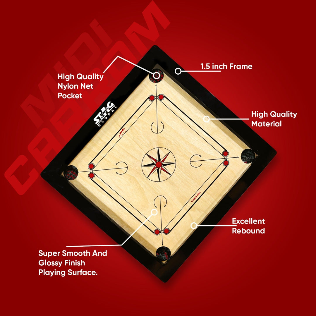 STAG GLOBAL Midi Carrom Board Set 20x20 Inch with Coins, Striker & Powder – Smooth Finish