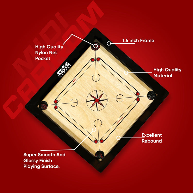 STAG GLOBAL Midi Carrom Board Set 20x20 Inch with Coins, Striker & Powder – Smooth Finish