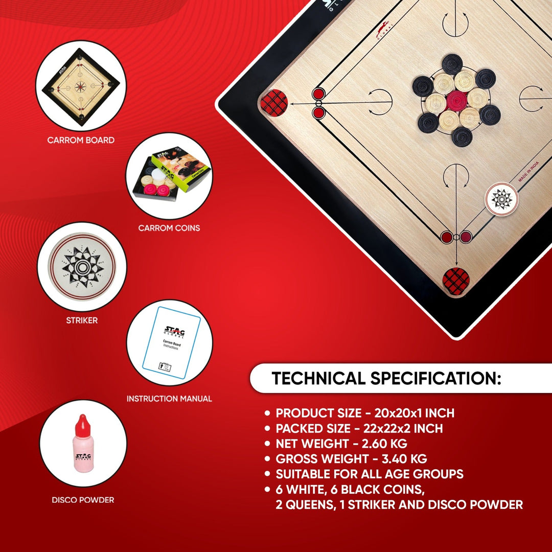 STAG GLOBAL Midi Carrom Board Set 20x20 Inch with Coins, Striker & Powder – Smooth Finish