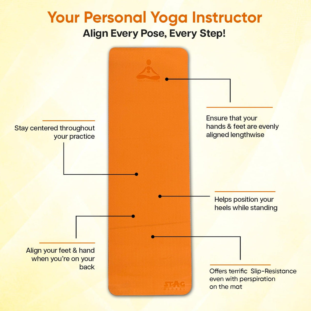 STAG GLOBAL Yoga Mantra Plain Orange Mat With Strap, 6MM Thickness