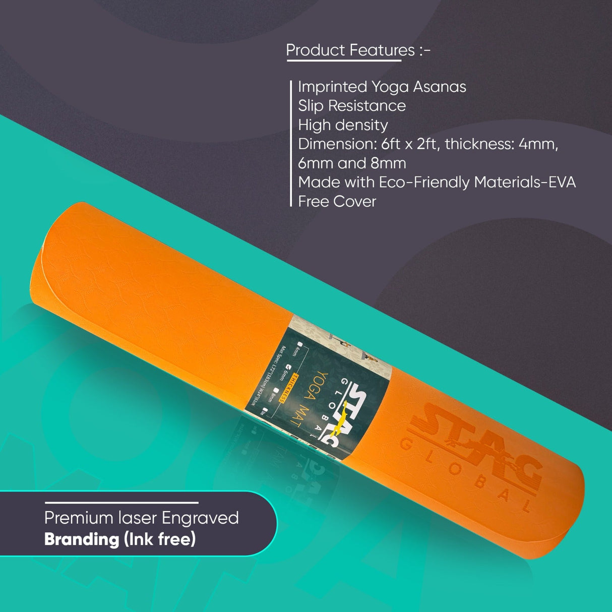STAG GLOBAL Yoga Mantra Plain Orange Mat With Strap, 6MM Thickness