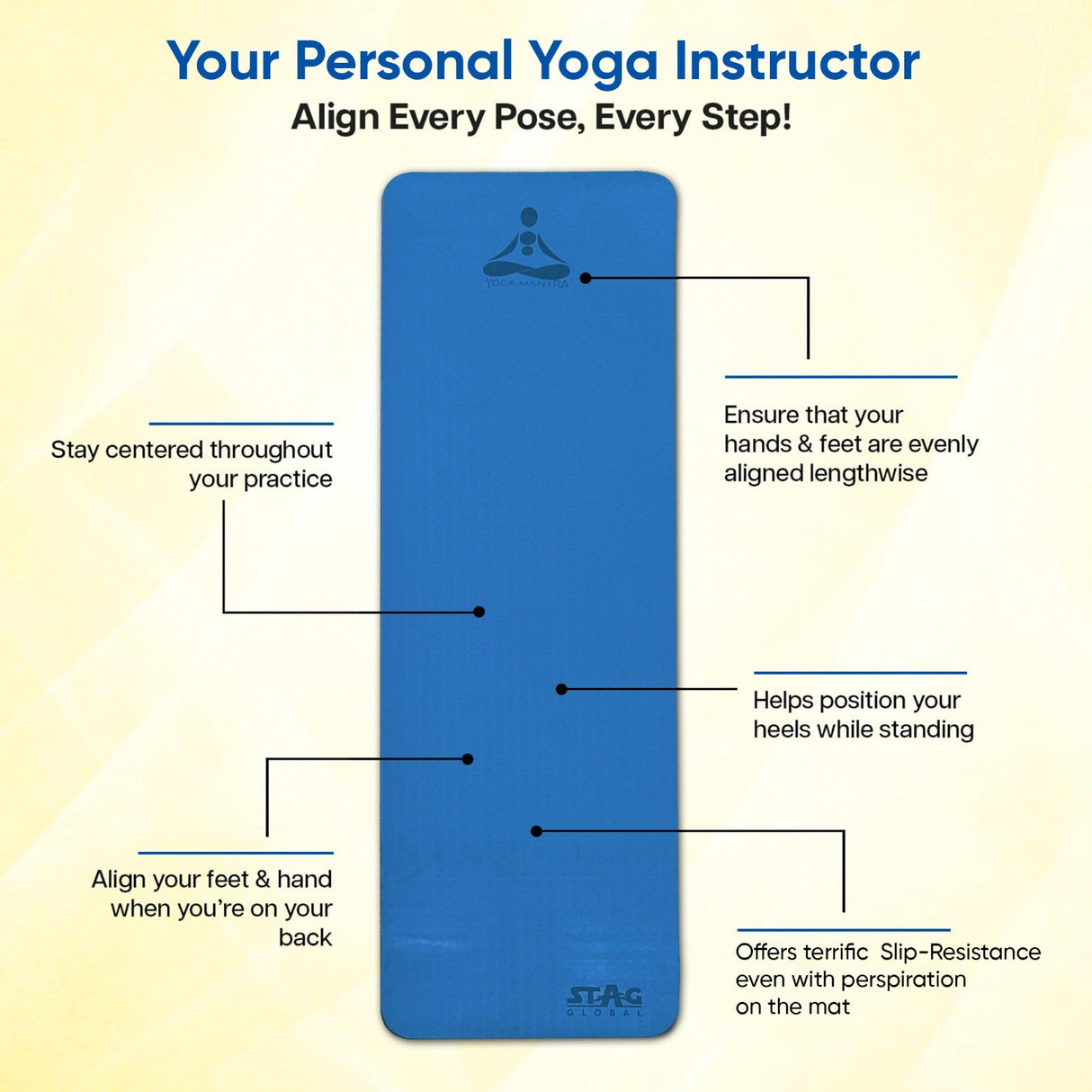 STAG GLOBAL Yoga Mantra Plain Blue Mat With Bag | 8MM Thickness | Ideal For yoga Pilates, Stretching