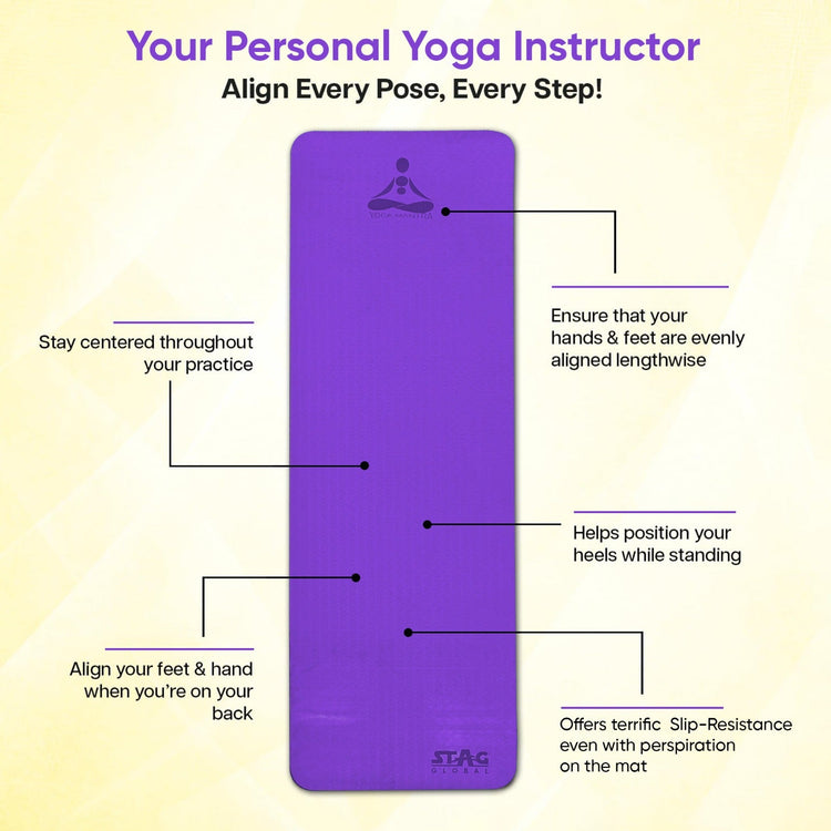 STAG GLOBAL Yoga Mantra Plain Purple Mat With Bag, 4MM Thickness