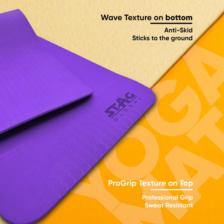 STAG GLOBAL Yoga Mantra Plain Purple Mat With Bag, 4MM Thickness