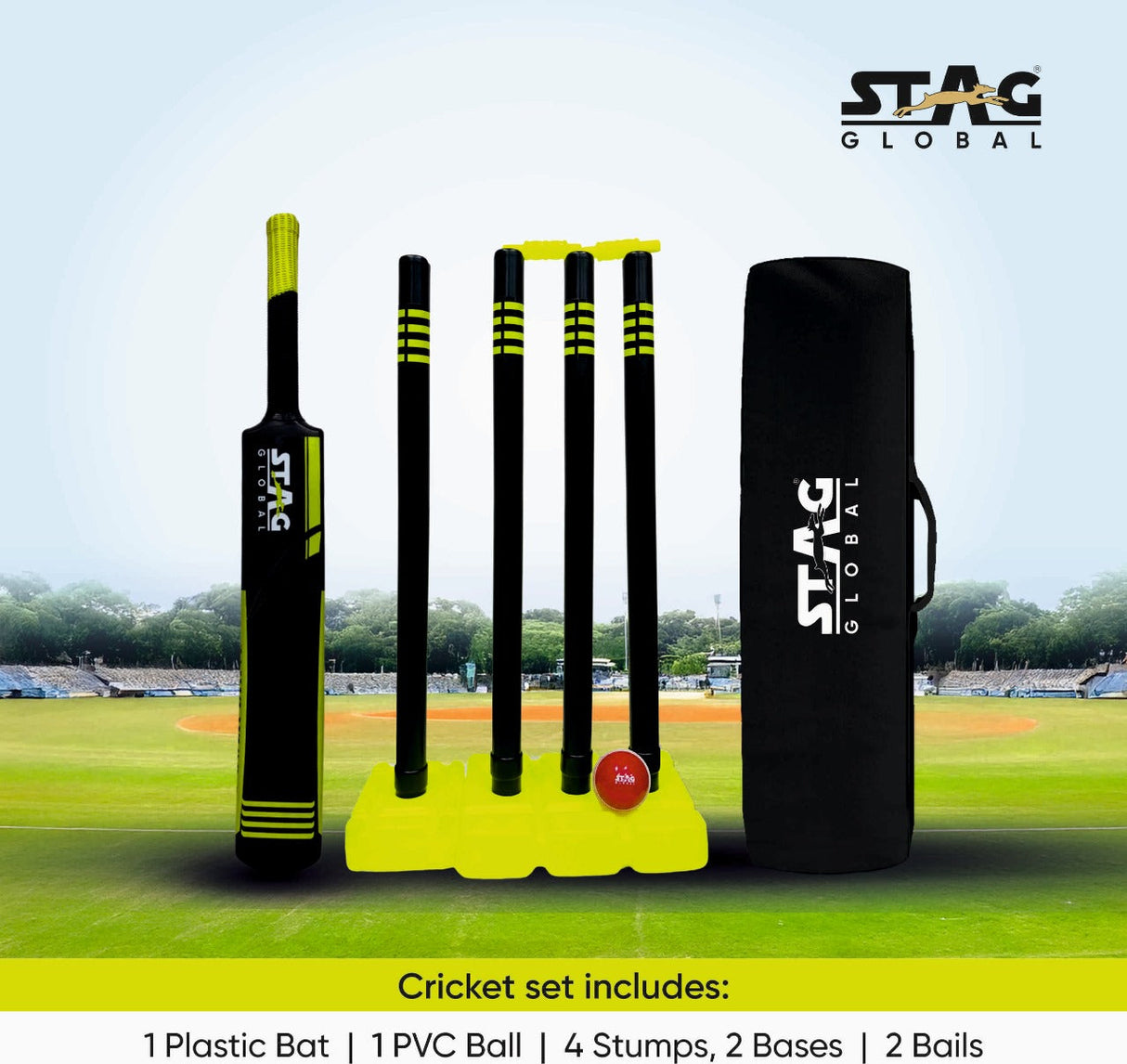 STAG Global Cricket Set | Medium Size | Complete Portable Kit with Bat, Stumps & Ball | Ideal for Kids & Beginners