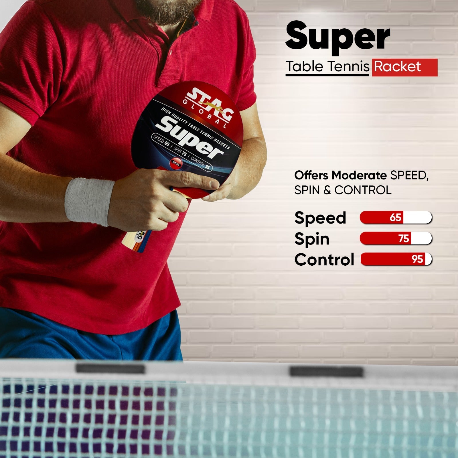 STAG GLOBAL Super Table Tennis Racket |  Speed 65 |  Spin 75 |  Control 95 | ITTF Approved Rubber