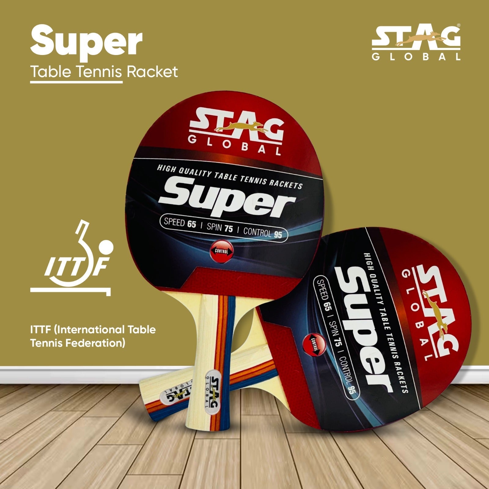 STAG GLOBAL Super Table Tennis Racket |  Speed 65 |  Spin 75 |  Control 95 | ITTF Approved Rubber