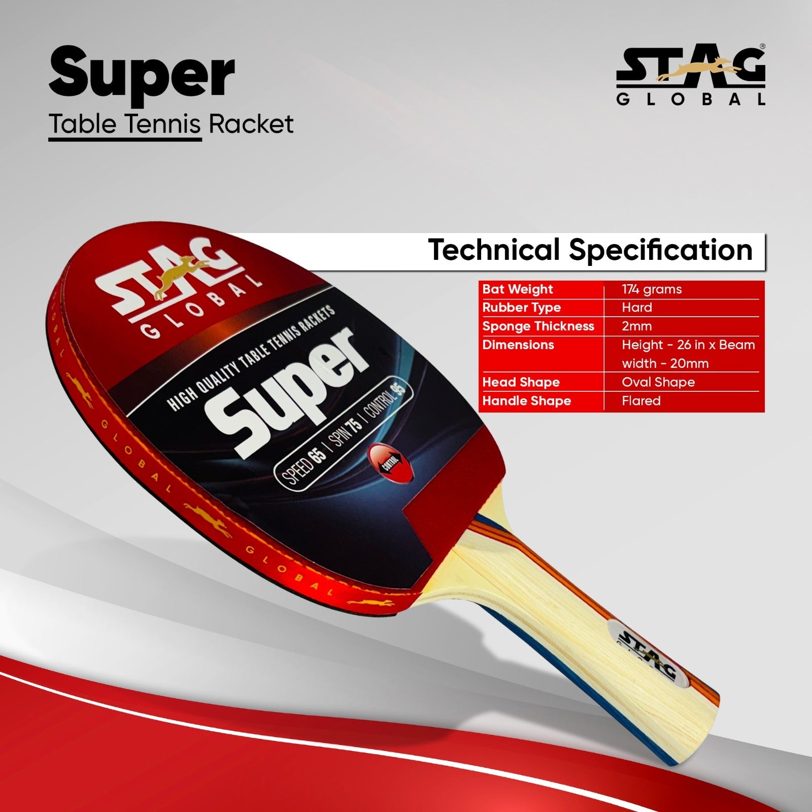 STAG GLOBAL Super Table Tennis Racket |  Speed 65 |  Spin 75 |  Control 95 | ITTF Approved Rubber