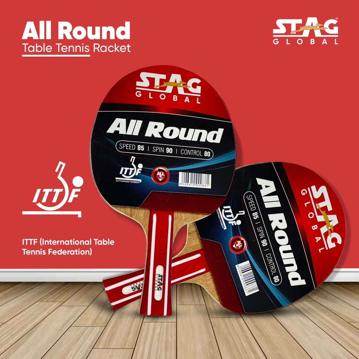 STAG GLOBAL All Round Table Tennis Racket – ITTF Approved Rubber | 174g Lightweight Paddle for Control & Spin