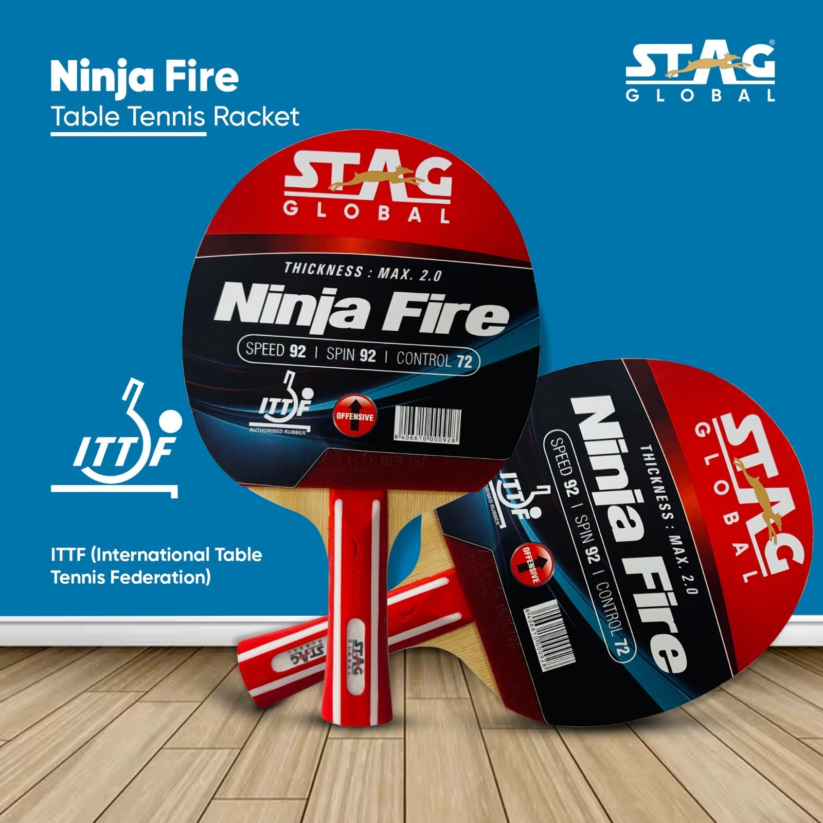 STAG GLOBAL Ninja Fire Table Tennis Racket | ITTF Approved | Powerful Grip & Spin Control