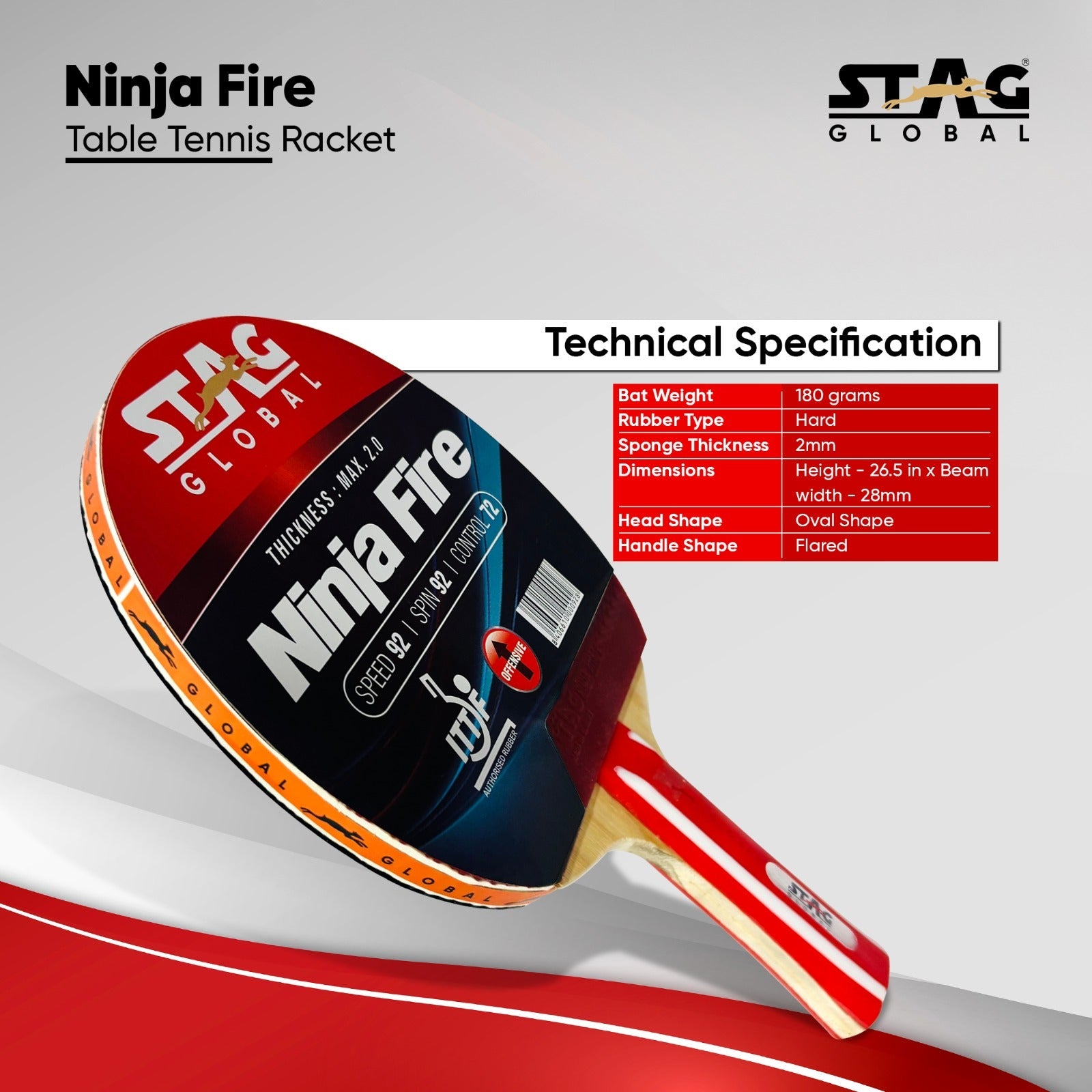 STAG GLOBAL Ninja Fire Table Tennis Racket | ITTF Approved | Powerful Grip & Spin Control