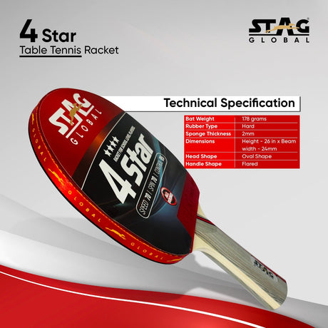 STAG GLOBAL 4 Star Table Tennis Racket  | Speed 70 | Spin  70  |  Control 95 | ITTF Approved Rubber