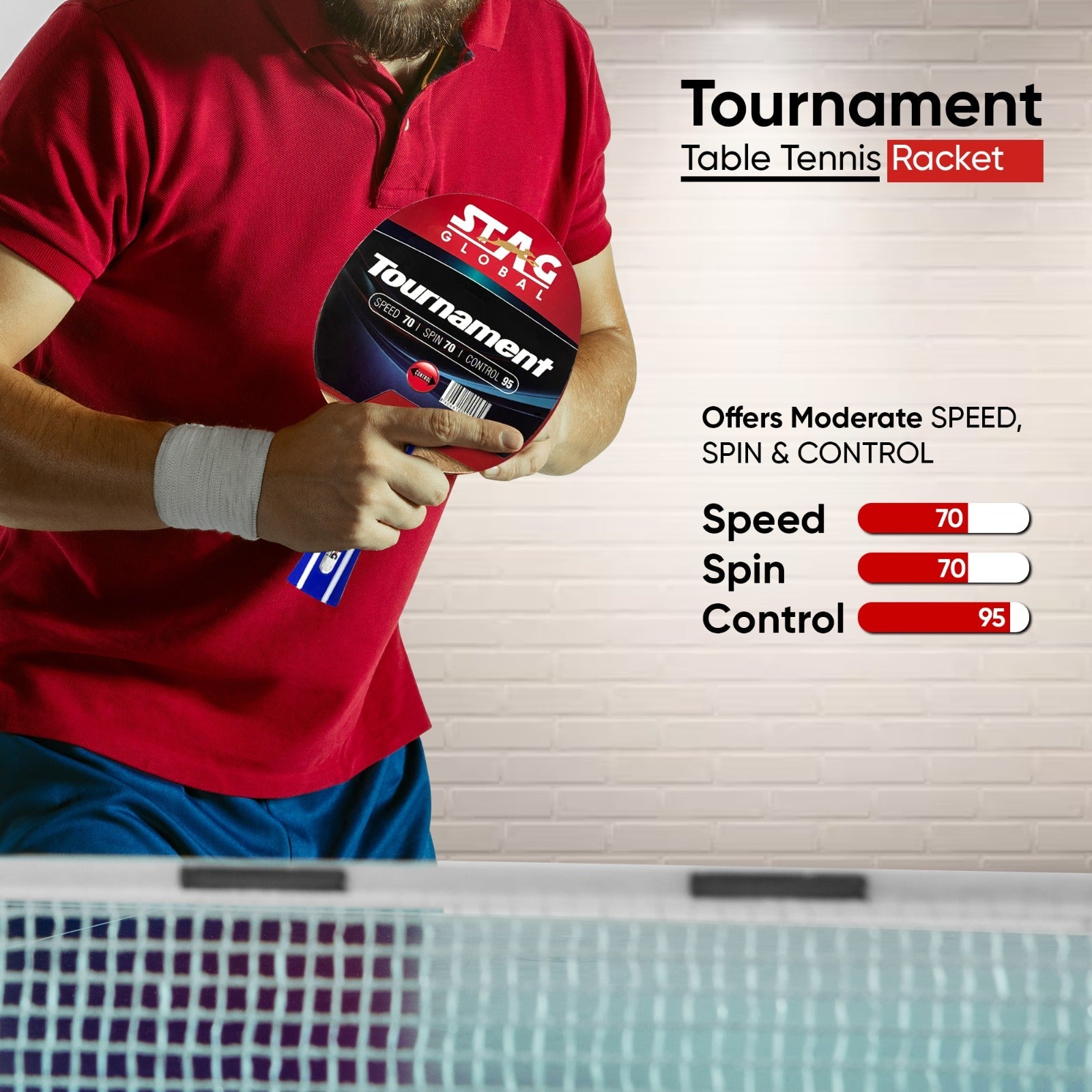 STAG GLOBAL Tournament Table Tennis Racket | Speed 70, Spin 70, Control 95