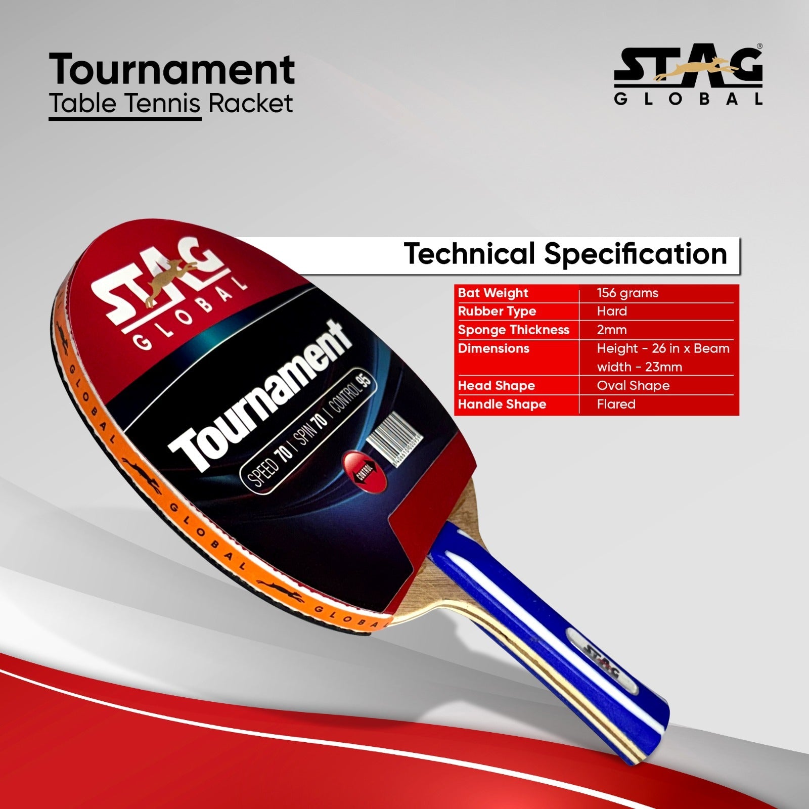 STAG GLOBAL Tournament Table Tennis Racket | Speed 70, Spin 70, Control 95