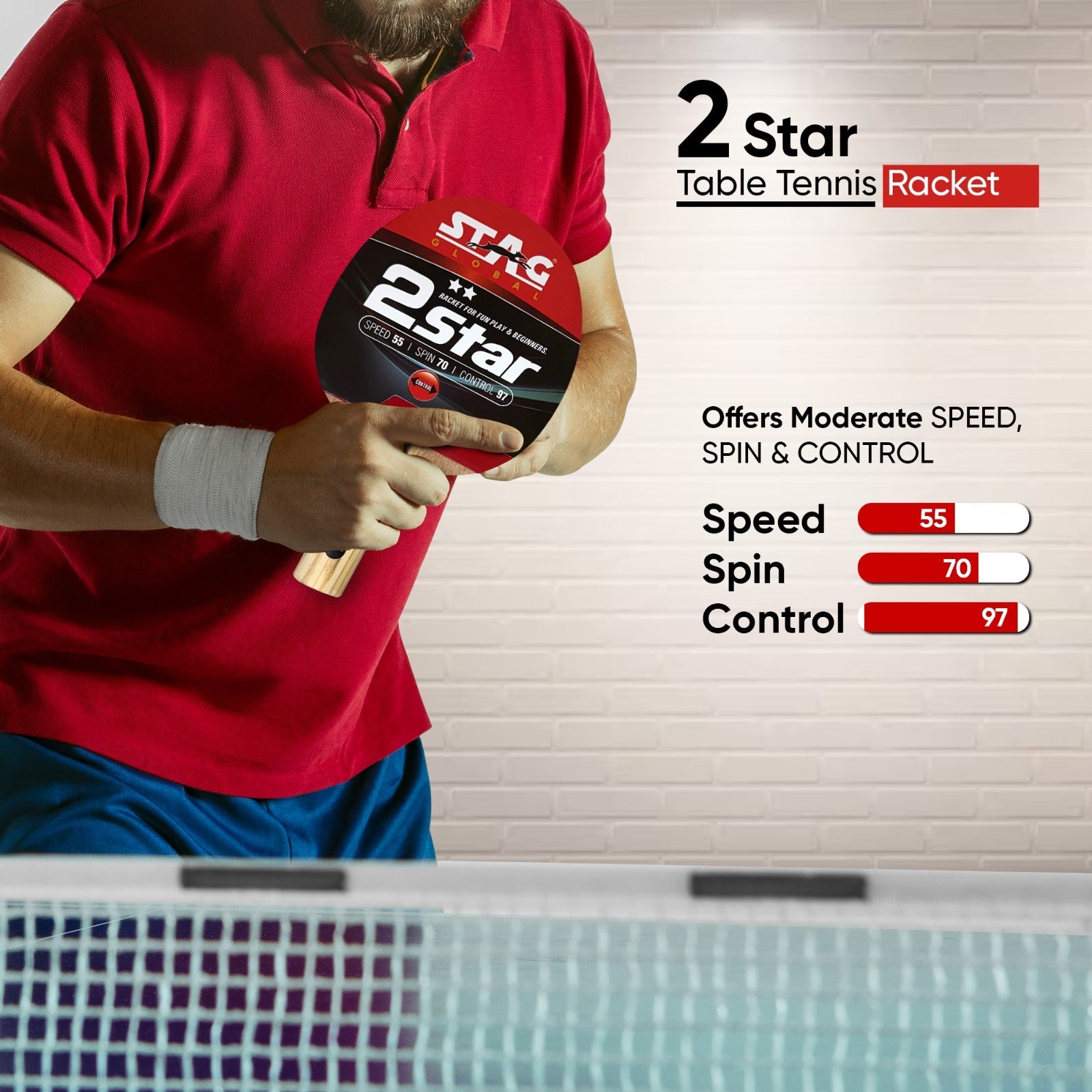 STAG GLOBAL 2 Star Table Tennis Racket | 190 Grams | Beginner | Ergonomic Handle & Grip | High Spin & Control