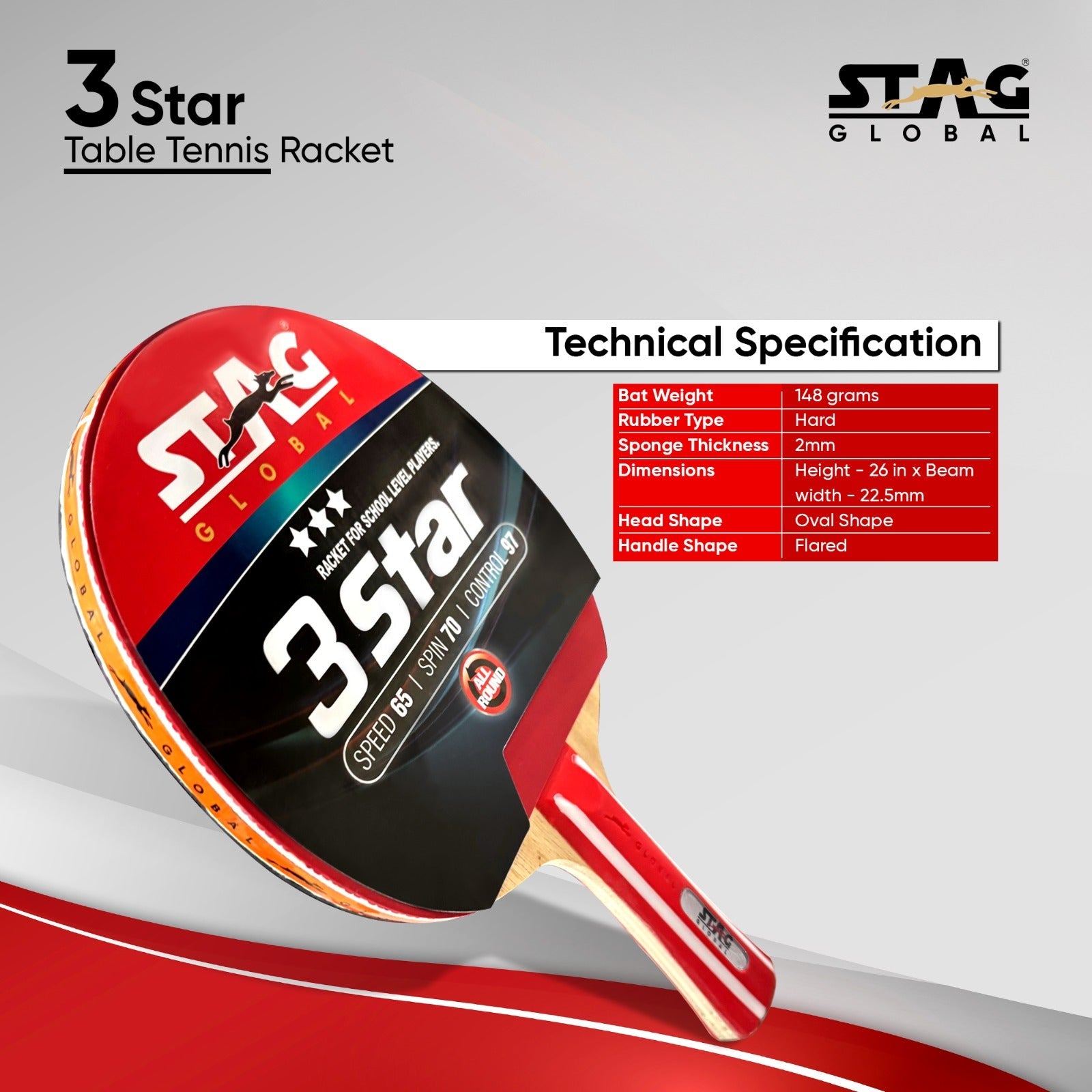 STAG GLOBAL 3 Star Table Tennis Racket | ITTF Approved Rubber| Beginner-Intermediate Series T.T Racket