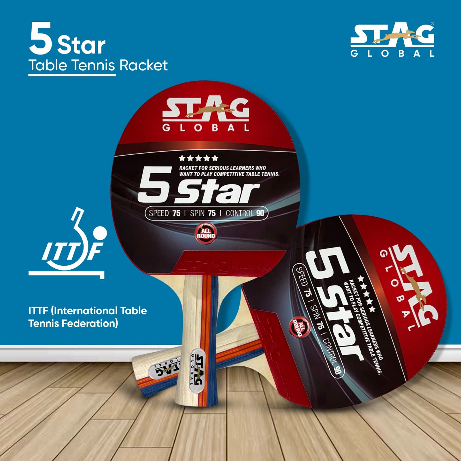 STAG GLOBAL 5 Star Table Tennis (T.T) Racket | Premium ITTF Approved Rubber| Beginner-Intermediate Series T.T Racket